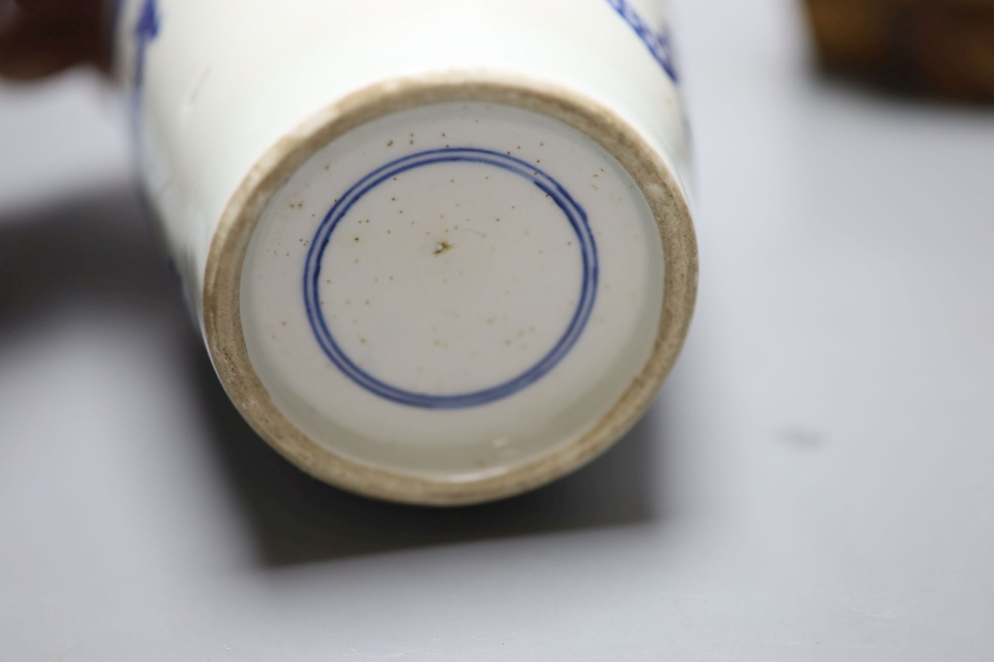 A pair of Satsuma bottle vases, a Chinese blue and white dragon vase, 22cm, and a hardwood carving of Shou Lao, height 37cm